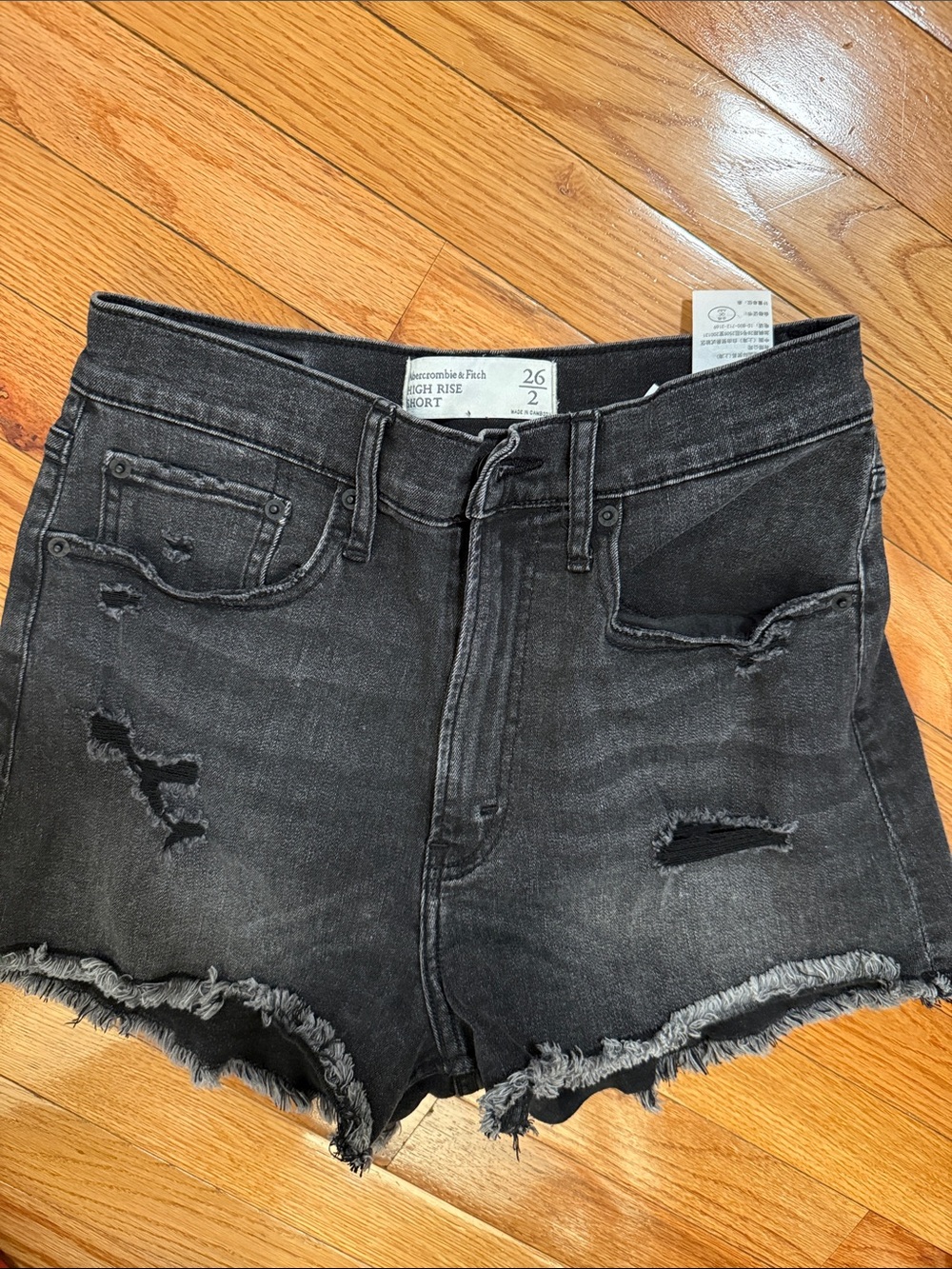 Abercrombie & Fitch Black High-Rise Distressed Denim Shorts